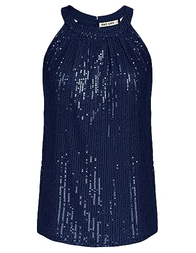 GRACE KARIN Damen Pailletten Casual Tops Elegant Bluse Ärmellose Neckholder Oberteile Navy blau S CL1792A22-16 von GRACE KARIN