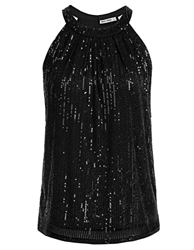Damen Pailletten Casual Tops Elegant Bluse Ärmellose Neckholder Oberteile Schwarz S CL1792A22-02 von GRACE KARIN