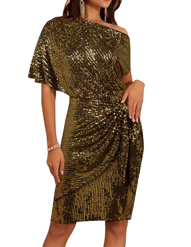 GRACE KARIN Damen Pailletten Club Cocktailkleid Glitzer Party Kleid EIN-Schulter Gerüschtes Bodycon Kleid XL Schwarz-Gold CL2463A23-22 von GRACE KARIN