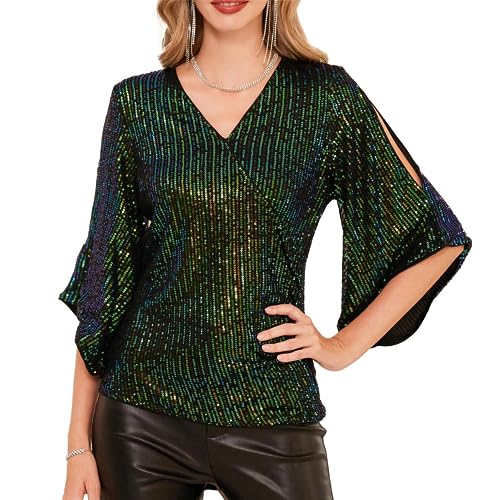 Damen Pailletten Glitzer Bluse Langarm V-Ausschnitt Shirt Slim Fit Tunika Elegant Casual Schwarz Pailletten Blaugrün S von GRACE KARIN