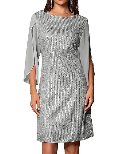 GRACE KARIN Damen Pailletten Kleid 3/4 Ärmel Party Cocktailkleid Club Glitzer Kleid Vintage MidiKleid Festlich Hochzeit Abendkleid XL Silber Grau-Pailletten CL1812A22-06 von GRACE KARIN