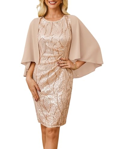 GRACE KARIN Damen Pailletten Kleid Glitzer Partykleid Cocktailkleid mit Chiffon-schal Rundhals Knielang Midi Kleid Formales Kleid Gold L von GRACE KARIN