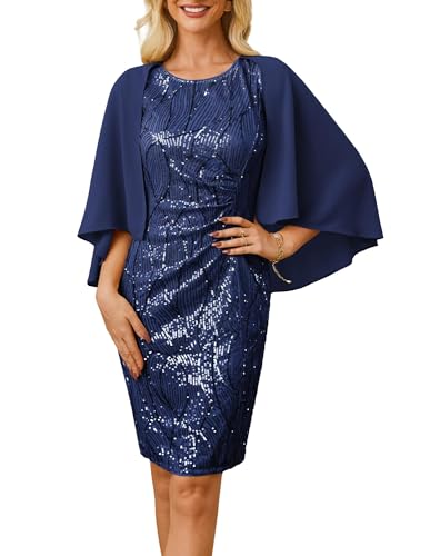 GRACE KARIN Damen Pailletten Kleid Glitzer Partykleid Cocktailkleid mit Chiffon-schal Rundhals Knielang Midi Kleid Formales Kleid Marineblau L von GRACE KARIN