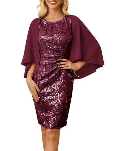 GRACE KARIN Damen Pailletten Kleid Glitzer Partykleid Cocktailkleid mit Chiffon-schal Rundhals Knielang Midi Kleid Formales Kleid Weinrot L von GRACE KARIN