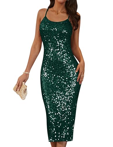 GRACE KARIN Damen Pailletten Lang Abendkleid für Hochzeit Elegant Glitzer Spaghetti Cocktailkleid Dunkelgrün 44 von GRACE KARIN