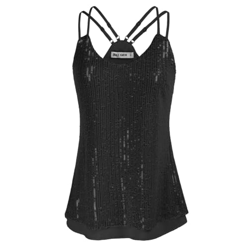 GRACE KARIN Damen Pailletten Oberteil Glänzendes Camisole Locker Ärmellos Cocktail Party Tops Schwarz L von GRACE KARIN