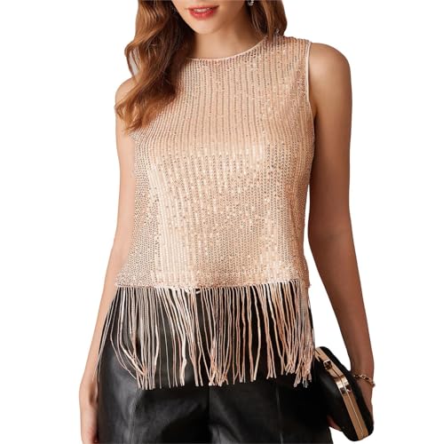 GRACE KARIN Damen Ärmellose Pailletten Oberteil Mit Fransen Glitzer Party Outfit Roségold XXL von GRACE KARIN