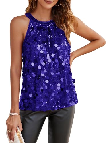 GRACE KARIN Damen Pailletten Oberteil Neckholder Bluse Elegant Rundhals Bluse Party Festlich Club Tops Ärmellose Blau L von GRACE KARIN