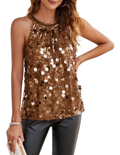 GRACE KARIN Damen Pailletten Oberteil Neckholder Bluse Elegant Rundhals Bluse Party Festlich Club Tops Ärmellose Braun L von GRACE KARIN