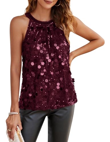 GRACE KARIN Damen Pailletten Oberteil Neckholder Bluse Elegant Rundhals Bluse Party Festlich Club Tops Ärmellose Dunkelrot L von GRACE KARIN