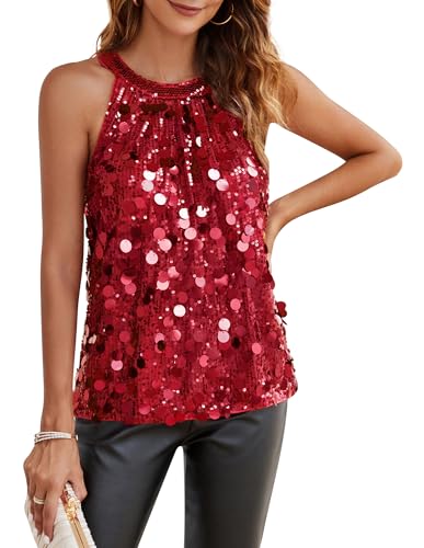 GRACE KARIN Damen Pailletten Oberteil Neckholder Bluse Elegant Rundhals Bluse Party Festlich Club Tops Ärmellose Rot L von GRACE KARIN
