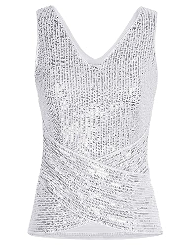 GRACE KARIN Damen Pailletten Oberteil Tops Ärmellos V-Ausschnitt Weste V-RÜcken Tank Top Überkreuzte Taille Bluse Oberteile 2XL Silber Weiß CL2346A23-02 von GRACE KARIN