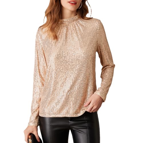 GRACE KARIN Damen Pailletten Oberteile Stehkragen Party Bluse Glitzer Langarmshirts Festliche Oberteil Rosé Gold XL CL2815A24-02 von GRACE KARIN