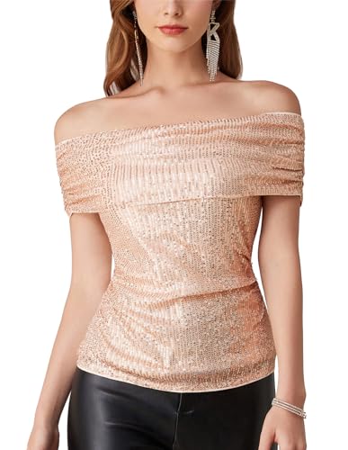 GRACE KARIN Damen Pailletten Party Oberteile Off Shoulder Sparkling Ruched T-Shirt Tops Rose Gold XL von GRACE KARIN