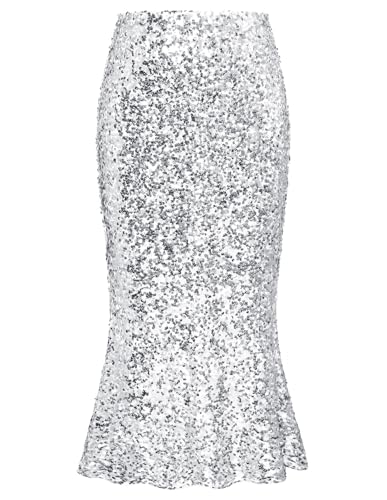GRACE KARIN Damen Pailletten Party Rock Elastische Taille Meerjungfrau Bodycon Rock Silber S von GRACE KARIN