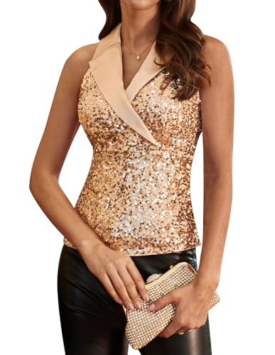 GRACE KARIN Damen Pailletten Party Tops Ärmellos Reverskragen V-Ausschnitt Tops Glitzer Funkelnd Übergröße Bluse Gold-Pailletten M von GRACE KARIN