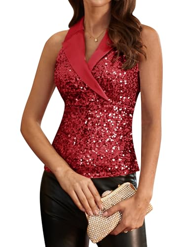 GRACE KARIN Damen Pailletten Party Tops Ärmellos Reverskragen V-Ausschnitt Tops Glitzer Funkelnd Übergröße Bluse Rot Pailletten M von GRACE KARIN