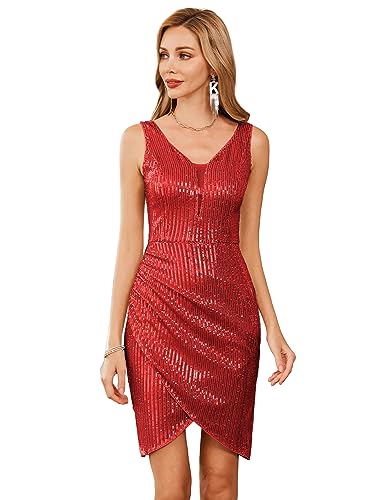 GRACE KARIN Damen Pailletten Partykleid Vintage Bleistiftkleid Pleated Rockabilly Kleid V-Ausschnitt Cocktail Kleid XL Rot CL0763A21-05 von GRACE KARIN