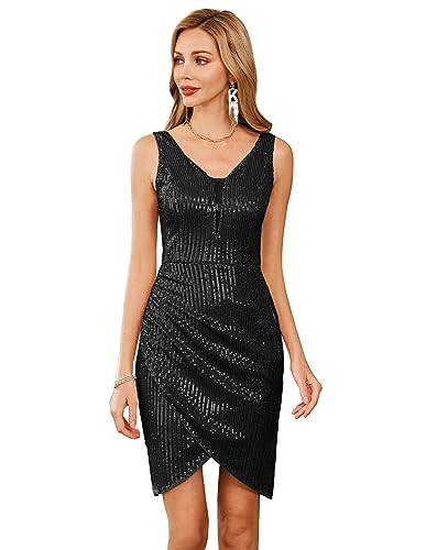 GRACE KARIN Damen Pailletten Partykleid Vintage Bleistiftkleid Pleated Rockabilly Kleid V-Ausschnitt Cocktail Kleid XL Schwarz CL0763A21-01 von GRACE KARIN