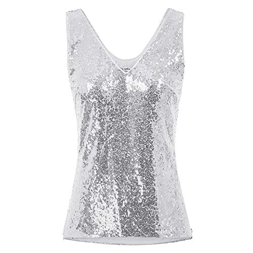 GRACE KARIN Damen Pailletten Tank Top Pailletten verziert Sparkle Trägershirt-Weste Tops Party Bluse L Silber Cl011080-1 von GRACE KARIN