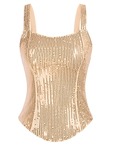 GRACE KARIN Damen Pailletten Tanktops Glitzer Oberteile Sparkle Party Weste Ärmellos Tunika, Farbe: Roségold, Size L von GRACE KARIN