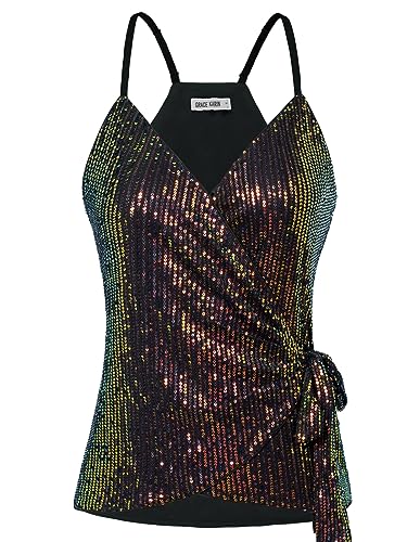 GRACE KARIN Damen Pailletten Tanktops Glitzer V-Auschnitt Oberteile Sparkle Party Weste Ärmellos Tunika, Farbe: Schwarz-Gold, Size L von GRACE KARIN