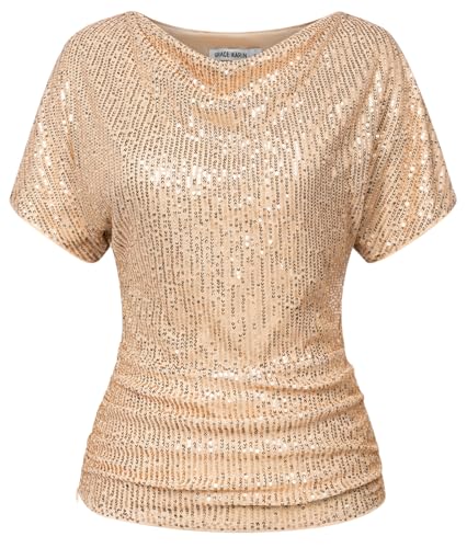 GRACE KARIN Damen-Pailletten-Top mit Ärmeln und Wasserfallkragen, gerüscht, glitzernd, Party-Bluse, Gold, Groß von GRACE KARIN