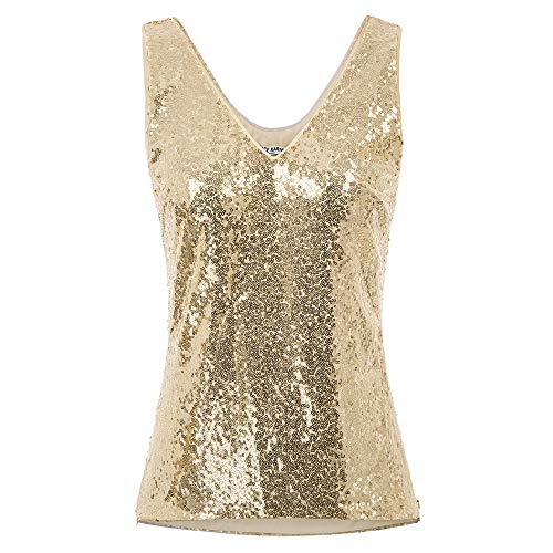 GRACE KARIN Damen Pailletten Tops Sparkle Shimmer Weste Ärmellos V-Ausschbitt U-Back Side Split Bluse Tunika S Golden CL011080-3 von GRACE KARIN
