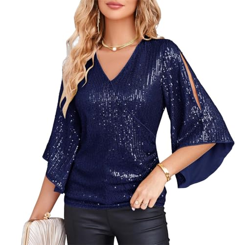GRACE KARIN Damen Pailletten Vintage Top V-Ausschnitt Elegante Bluse 3/4 Ärmel Festliche Party Top Gltzer Abendmode Overteile Weihnachten Party Outfit Marineblaue Pailletten L von GRACE KARIN