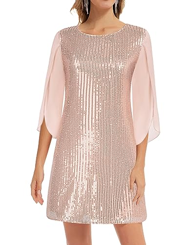 GRACE KARIN Damen Paillettenkleid Festliches Kleid Hochzeitsgast Wedding Guest Cocktailkleid Glänzend Pailletten Kleid S Helles Rosegold-Pailletten CL1812A22-07 von GRACE KARIN