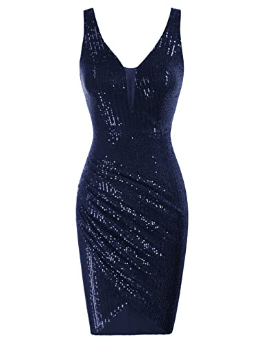 GRACE KARIN Damen Paillettenkleid Pleated Kleid Ärmellos V-Ausschnitt Vintage Kleid Cocktail Midi Kleid 2XL Navy blau CL0763A21-09 von GRACE KARIN