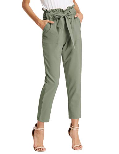 GRACE KARIN Damen Paperbag Waist Pants Slim Fit Casual Office Pencil Pants, Grau / Grün, X-Groß von GRACE KARIN