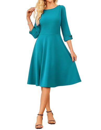 GRACE KARIN Damen Plisseekleid 3/4 Ärmel A-Linie Midikleid U-Boot-Ausschnitt Elegantes Abendkleid Blaugrün L von GRACE KARIN
