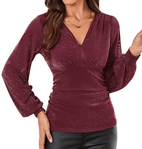 GRACE KARIN Damen Plisserte Bauchweg Bluse V-Ausschnitt Vintage Glitzer Oberteile Herbst Winter Langarmshirt Dunkelrot M von GRACE KARIN