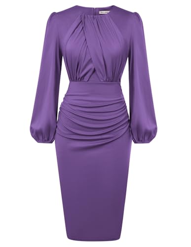 GRACE KARIN Damen Plissiertes Retro Langarmkleid mit Rundhalsausschnitt Hoher Taille Cocktailkleid Dunkellila S von GRACE KARIN