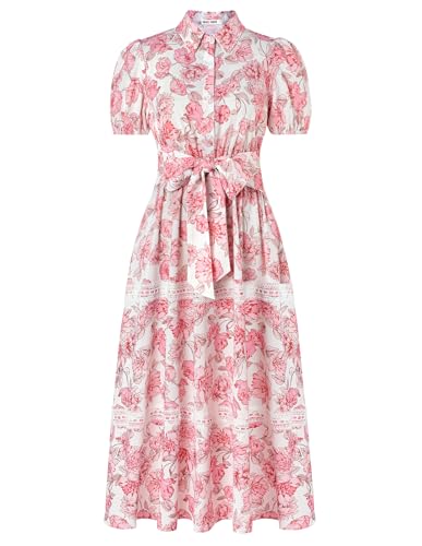 GRACE KARIN Damen Polokragen Boho Lang Strandkleider Elegant Hemdkragen Blumenkleid für Hochzeitsgäste Casual Boho Maxikleid Rosa Blumen S von GRACE KARIN