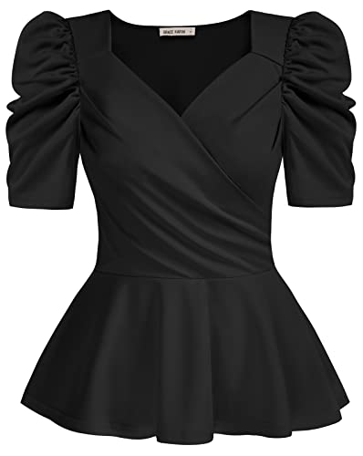 GRACE KARIN Damen Puffärmel Peplum Top Elegante Wickelbluse V-Ausschnitt Slim Fit Shirt von GRACE KARIN