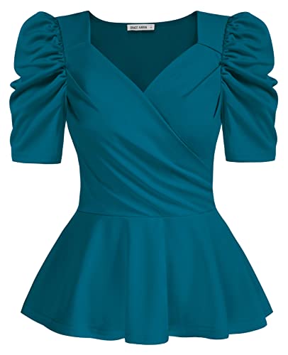 GRACE KARIN Damen Puffärmel Schößchen Top Elegante Wickelbluse V-Ausschnitt Slim Fit Shirt, Blaugrün, Blau, Groß von GRACE KARIN