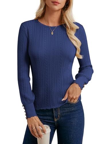 GRACE KARIN Damen Pullover Herbst Elegant Rundhals Langarm Slim Fit Strickpullover Damen mit Knöpf Marineblau S von GRACE KARIN