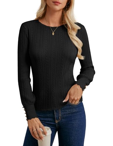 GRACE KARIN Damen Pullover Herbst Elegant Rundhals Langarm Slim Fit Strickpullover Damen mit Knöpf Schwarz S von GRACE KARIN