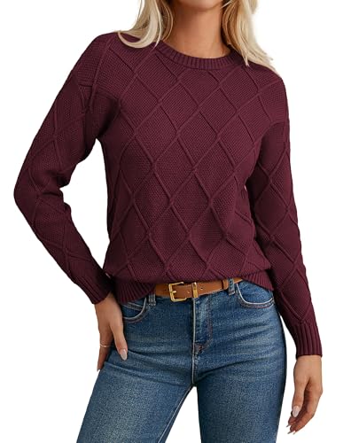 GRACE KARIN Damen Pullover Langarm Rundhals Strickpullover mit Rautenmuster Oberteile Sweater Herbst Winter Weinrot S von GRACE KARIN