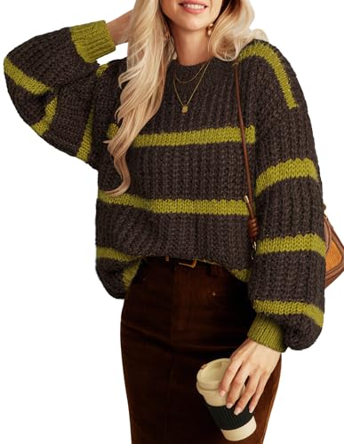 GRACE KARIN Damen Pullover Langarm Strickpullover Crochet Elegant Festliche Oberteile Kaffee Streifen L von GRACE KARIN