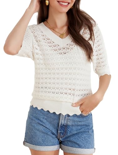 GRACE KARIN Damen-Pullover gewellt kurzärmelig V-Ausschnitt ausgehöhlt Strickoberteil Pullover Weiß XL von GRACE KARIN