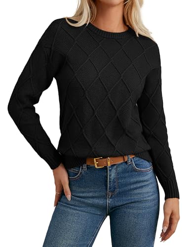 GRACE KARIN Damen Pullover mit Rautenmuster Warm Strickpullover Langarm Rundhals Pulli Sweater Herbst Winter Schwarz XL von GRACE KARIN