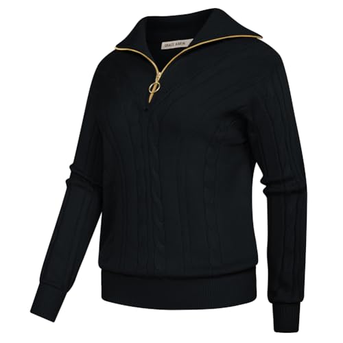 GRACE KARIN Damen-Pullover mit Reißverschluss Reverskragen Verdrehte Blumen Herbst-Winter-Pullover Schwarz S von GRACE KARIN