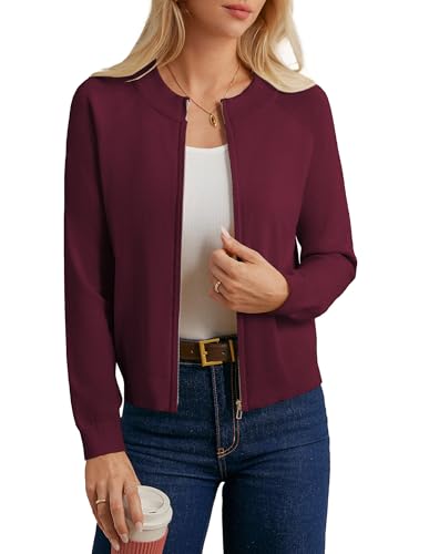 GRACE KARIN Damen Reißverschluss Bequeme Strickjacke Langarm Rundhals Versatile Strickjacke Gestrickte Jacke für Büro Dunkelrot L von GRACE KARIN