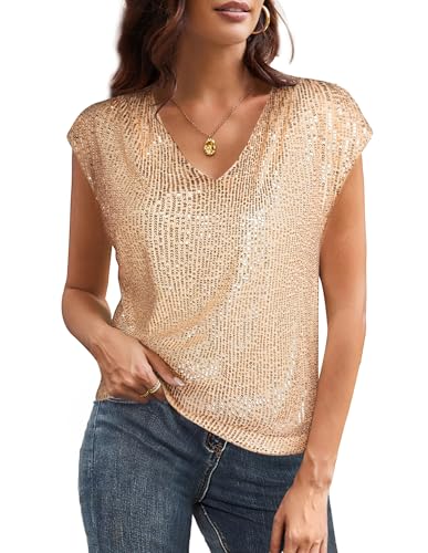 GRACE KARIN Damen Retro 70er Bluse Glitzer Festliche V-Ausschitt Bluse Pailletten Tank Top Disco Tanzparty Tops Cocktail Gold S von GRACE KARIN