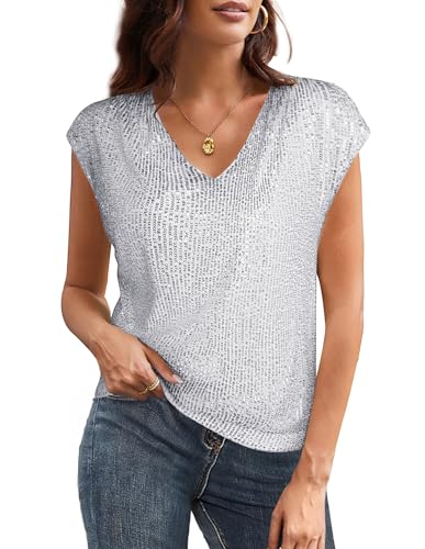 GRACE KARIN Damen Retro 70er Bluse Glitzer Festliche V-Ausschitt Bluse Pailletten Tank Top Disco Tanzparty Tops Cocktail Silber S von GRACE KARIN