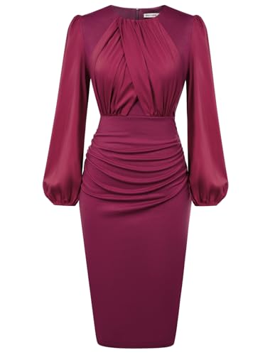 GRACE KARIN Damen Retro Langarmkleid mit Rundhalsausschnitt Wickelkleid mit Hoher Taille Party Kleid Lila Rot M von GRACE KARIN