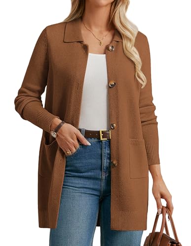GRACE KARIN Damen Revers Kragen Strickjacke Langarm Knöpfe Mittellang Festlich Cardigan mit Taschen CL172-04/Braun XL von GRACE KARIN